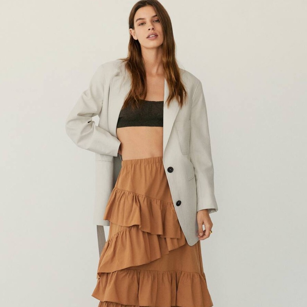 Mango - Regular Fit Belted Cotton Blazer XS Ecru